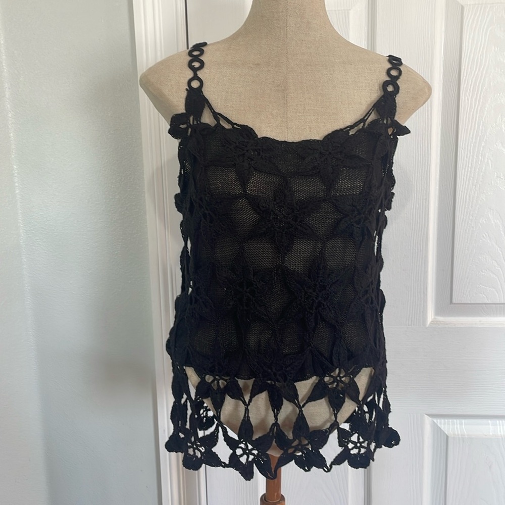 Handmade sleeveless knit tunic tank top black flowers stretch one size women